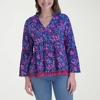 Stella Parker Womens Y Neck 3/4 Sleeve Blouse