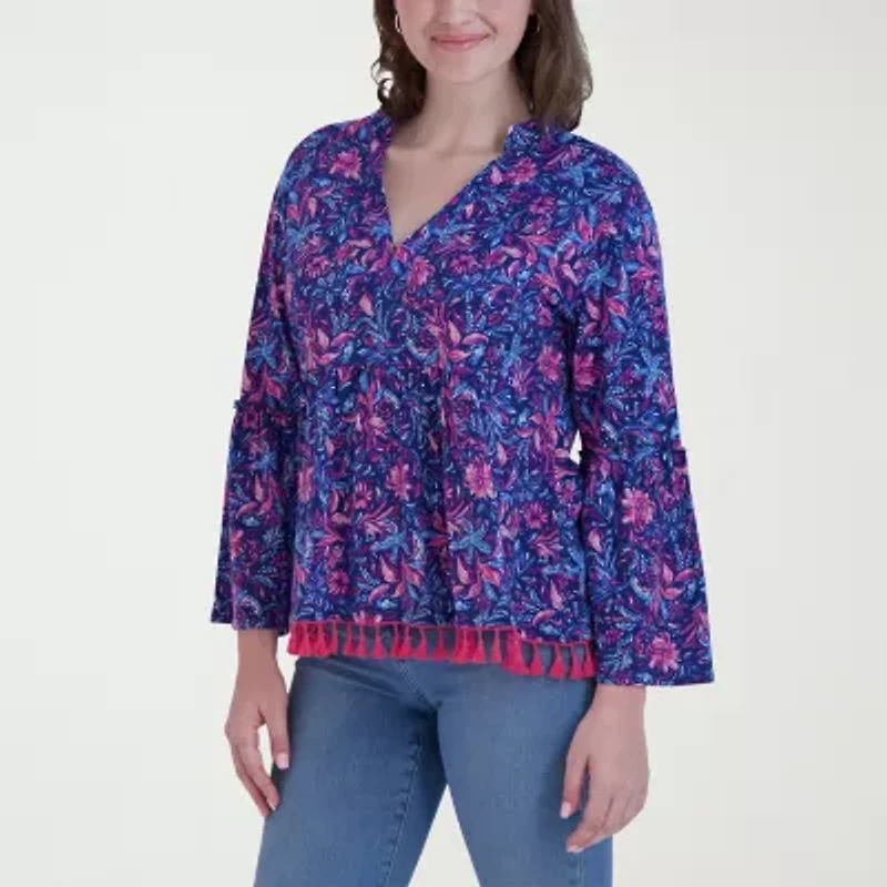 Stella Parker Womens Y Neck 3/4 Sleeve Blouse