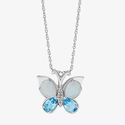 Womens Diamond Accent Lab Created White Opal Sterling Silver Butterfly 18 Inch Pendant Necklace