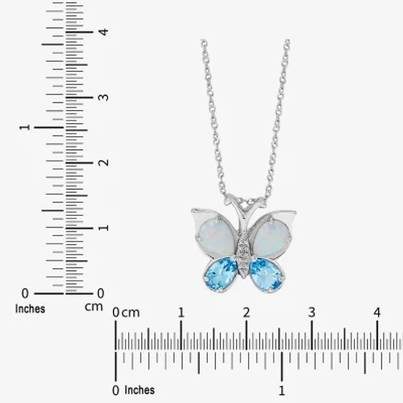 Womens Diamond Accent Lab Created White Opal Sterling Silver Butterfly 18 Inch Pendant Necklace