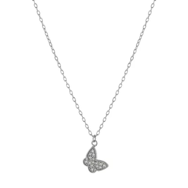 Silver Treasures Womens Cubic Zirconia Sterling Silver Butterfly 16 Inch Pendant Necklace