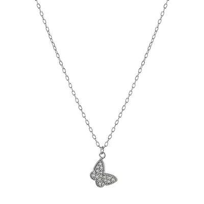 Silver Treasures Womens Cubic Zirconia Sterling Silver Butterfly 16 Inch Pendant Necklace