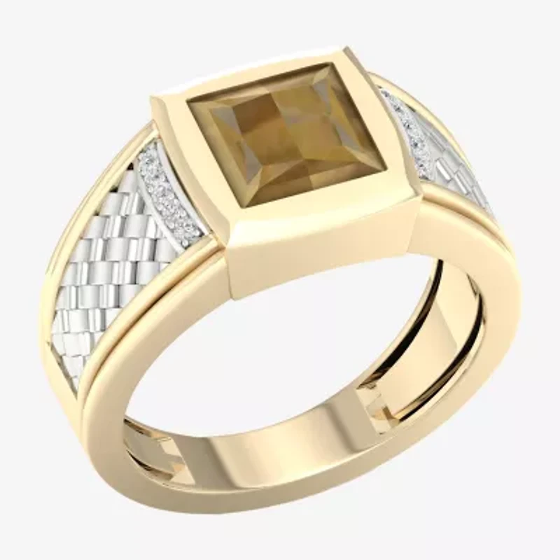 Mens Diamond Accent Genuine Brown Tiger's Eye 10K Gold Sterling Silver Fashion Ring