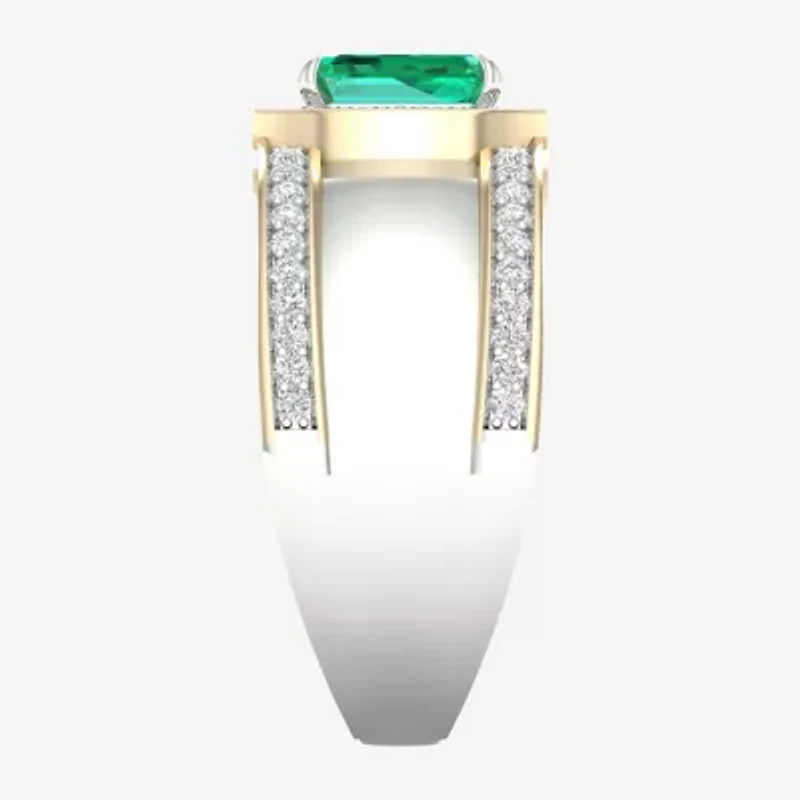 Mens Lab Created Green Emerald 10K Gold Sterling Silver Fashion Ring