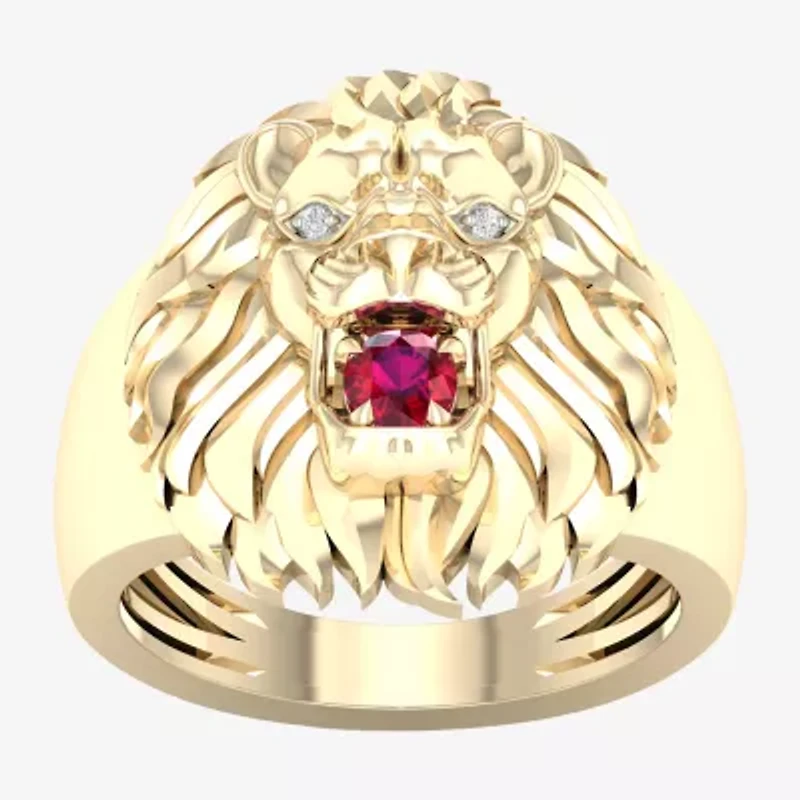 Lion'S Head Mens Diamond Accent Lead Glass-Filled Red Ruby 10K Gold Fashion Ring