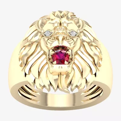Lion'S Head Mens Diamond Accent Lead Glass-Filled Red Ruby 10K Gold Fashion Ring