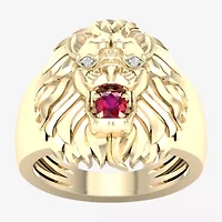 Lion'S Head Mens Diamond Accent Lead Glass-Filled Red Ruby 10K Gold Fashion Ring