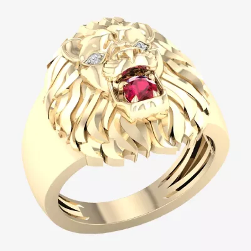 Lion'S Head Mens Diamond Accent Lead Glass-Filled Red Ruby 10K Gold Fashion Ring
