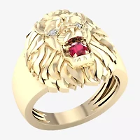 Lion'S Head Mens Diamond Accent Lead Glass-Filled Red Ruby 10K Gold Fashion Ring