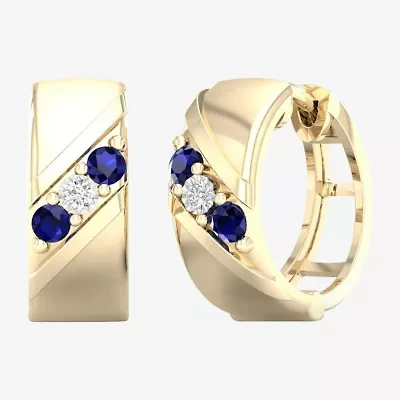 Mens Diamond Accent Genuine Blue Sapphire 10K Gold 15.2mm Hoop Earrings