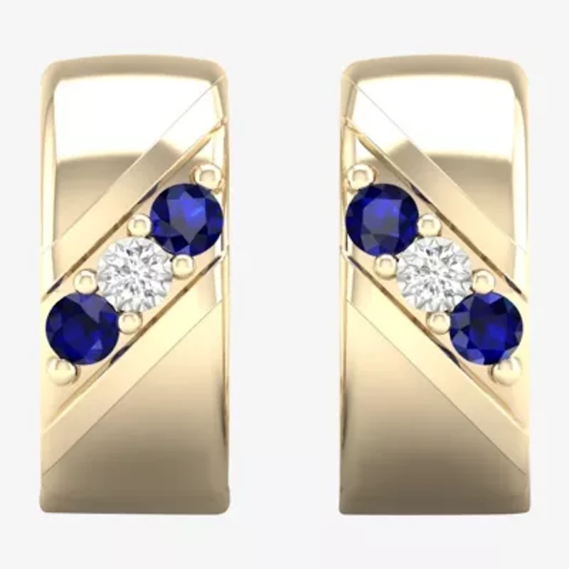 Mens Diamond Accent Genuine Blue Sapphire 10K Gold 15.2mm Hoop Earrings