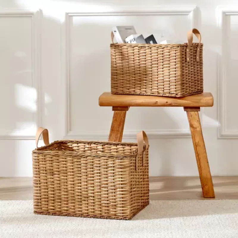Baum Rattan Rectangular Decorative Basket with Faux Leather Handles