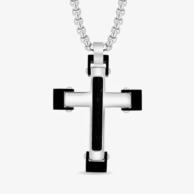 Mens Stainless Steel and Black Cable Cross Pendant