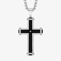 Mens Stainless Steel & Black Cubic Zirconia Cross Pendant Necklace