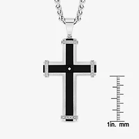 Mens Stainless Steel & Black Cubic Zirconia Cross Pendant Necklace
