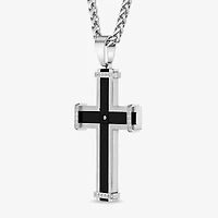 Mens Stainless Steel & Black Cubic Zirconia Cross Pendant Necklace