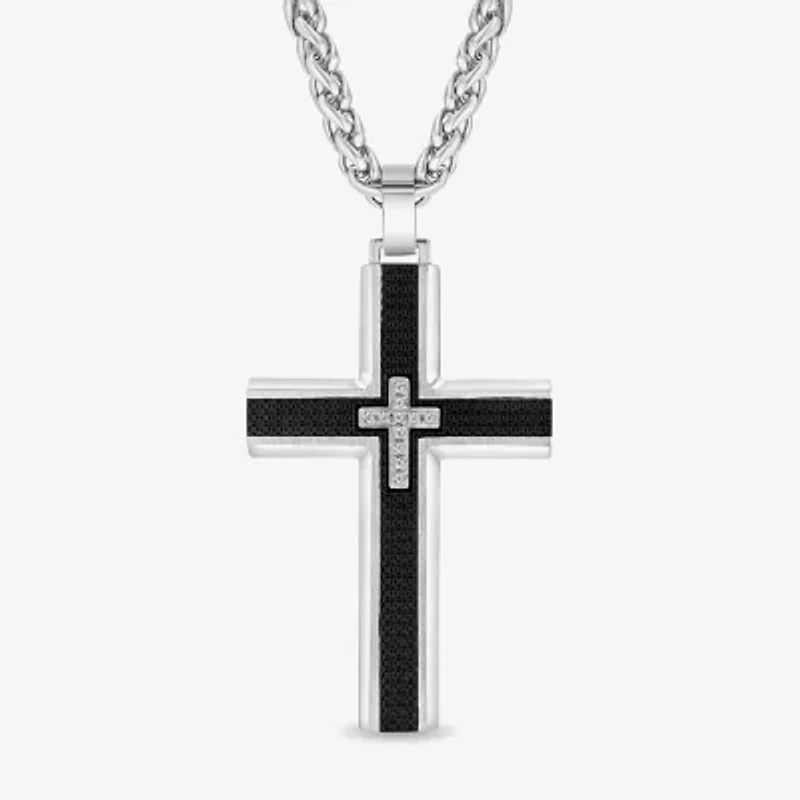 Mens White Cubic Zirconia Stainless Steel Cross 24 Inch Pendant Necklace