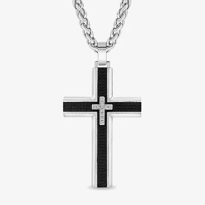 Mens White Cubic Zirconia Stainless Steel Cross 24 Inch Pendant Necklace