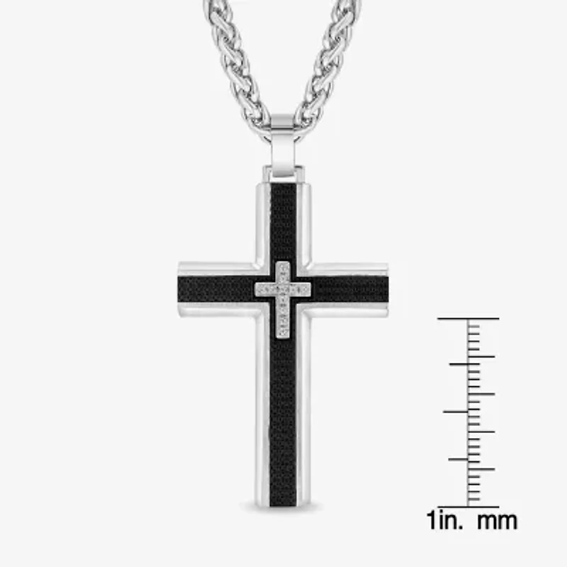 Mens White Cubic Zirconia Stainless Steel Cross 24 Inch Pendant Necklace