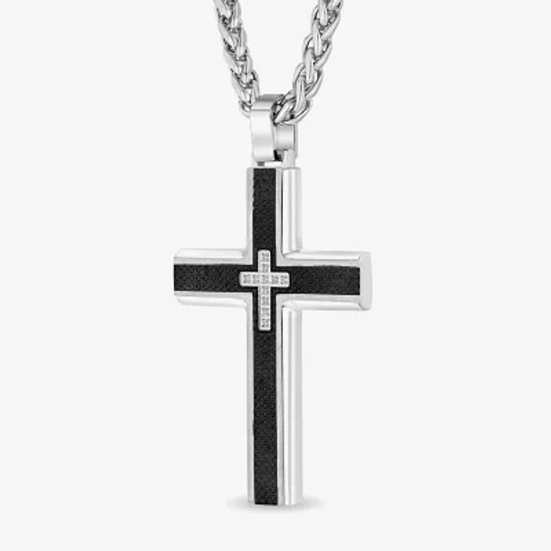 Mens Cubic Zirconia Stainless Steel Cross Inch Pendant Necklace