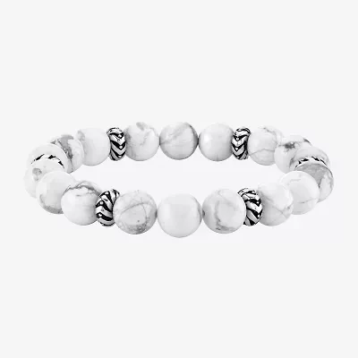 Mens White Howlite Sterling Silver Beaded Bracelet