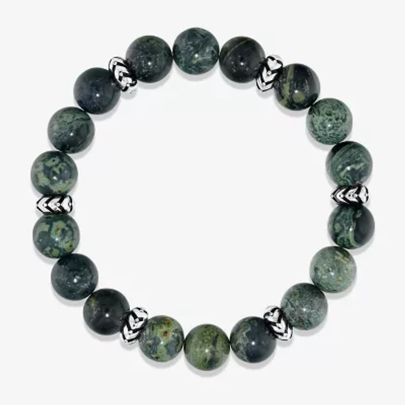 Mens Green Jasper Sterling Silver Beaded Bracelet