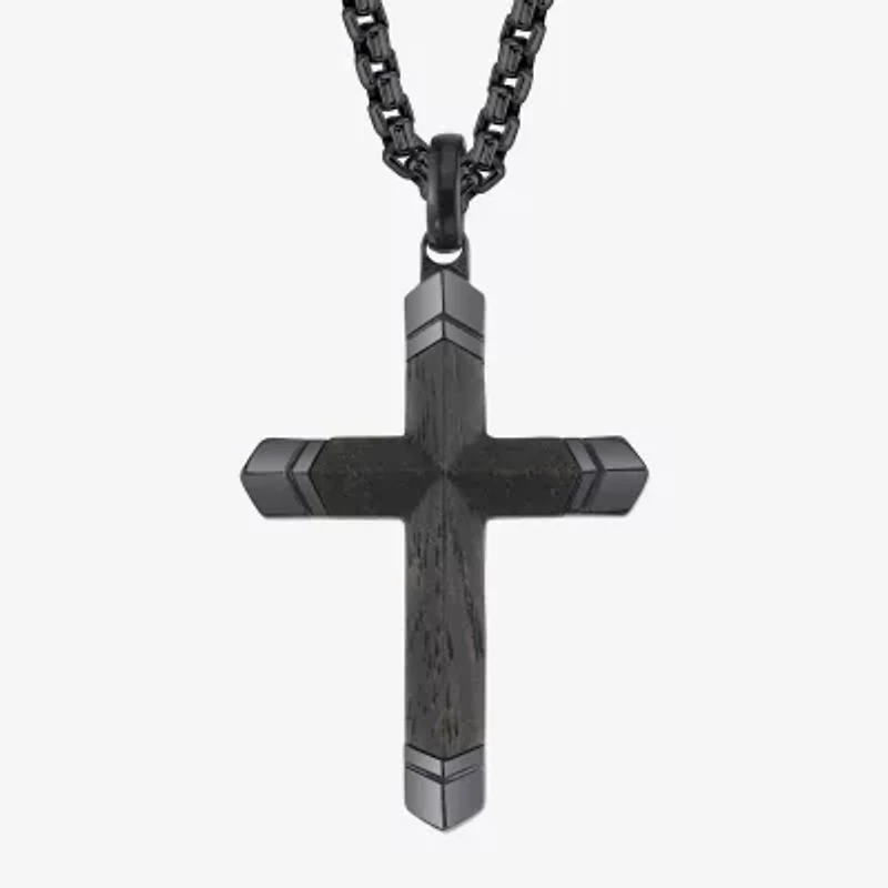 Wooden Inlay Mens Stainless Steel Cross 24 Inch Pendant Necklace