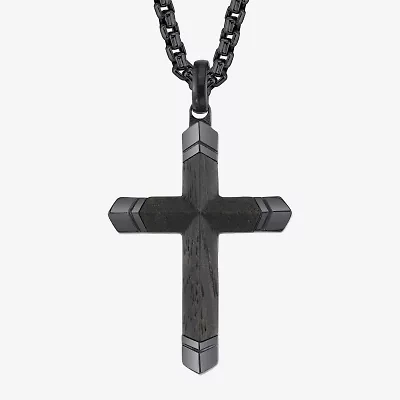 Wooden Inlay Mens Stainless Steel Cross 24 Inch Pendant Necklace