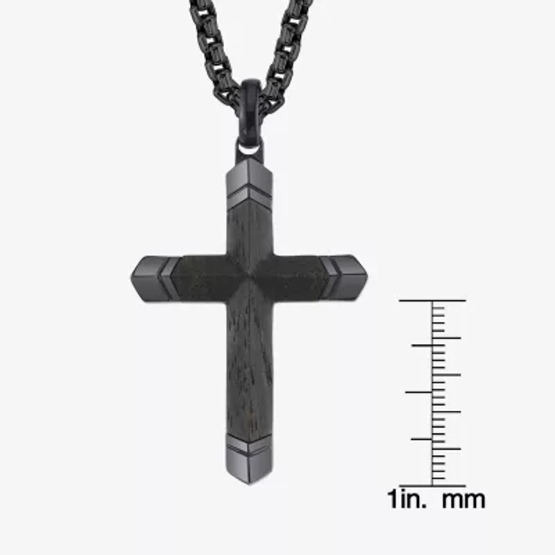 Wooden Inlay Mens Stainless Steel Cross 24 Inch Pendant Necklace