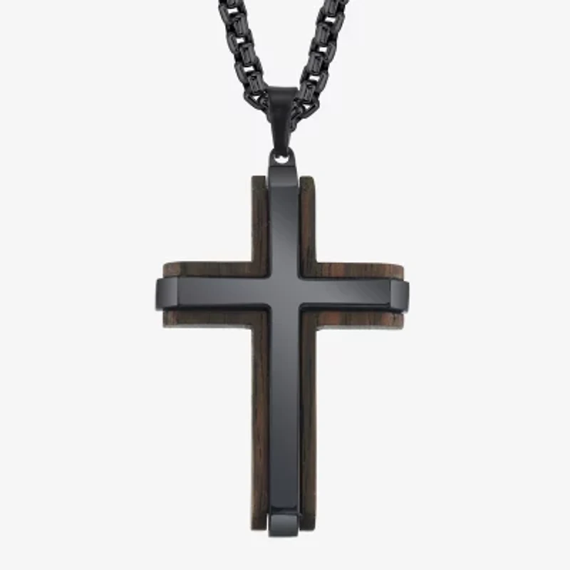 Wooden Mens Stainless Steel Cross 24 Inch Pendant Necklace