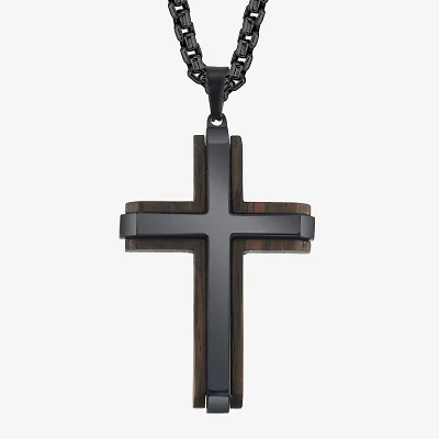 Wooden Mens Stainless Steel Cross 24 Inch Pendant Necklace