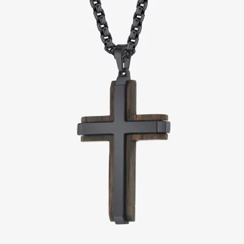 Wooden Mens Stainless Steel Cross 24 Inch Pendant Necklace
