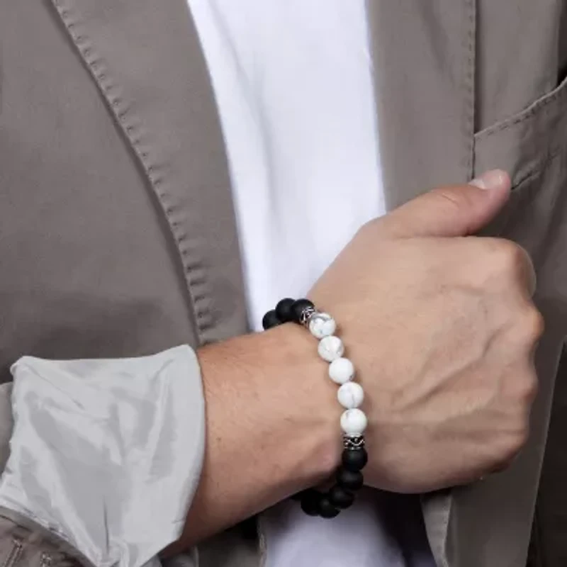 Mens Agate Sterling Silver Beaded Bracelet