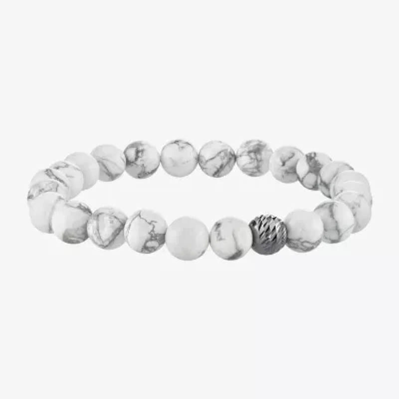 Mens White Howlite Sterling Silver Beaded Bracelet