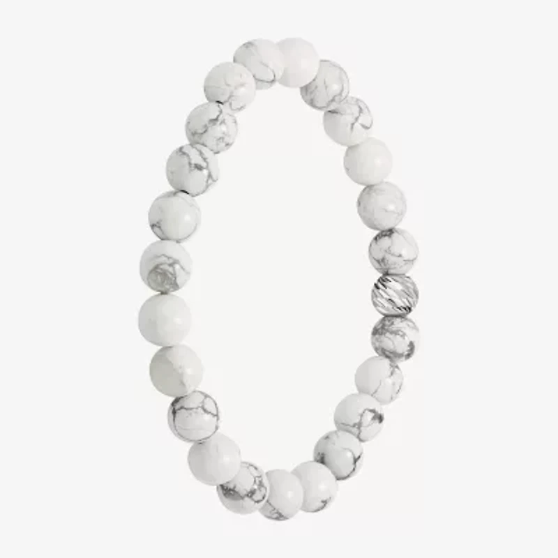 Mens White Howlite Sterling Silver Beaded Bracelet