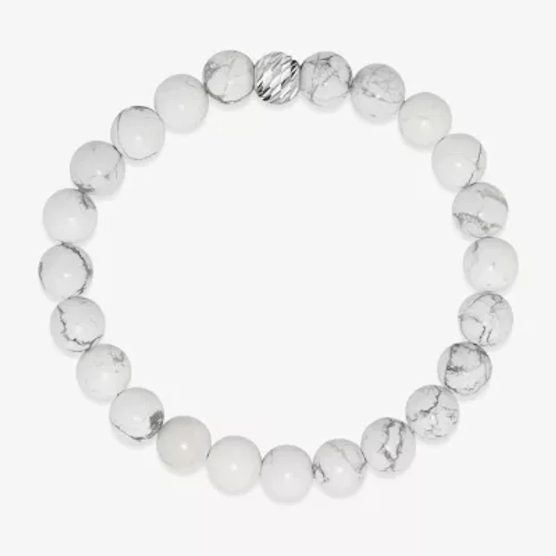 Mens White Howlite Sterling Silver Beaded Bracelet