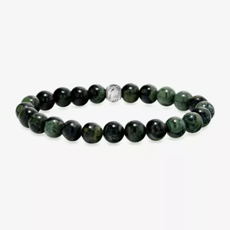 Mens Green Jasper Sterling Silver Beaded Bracelet