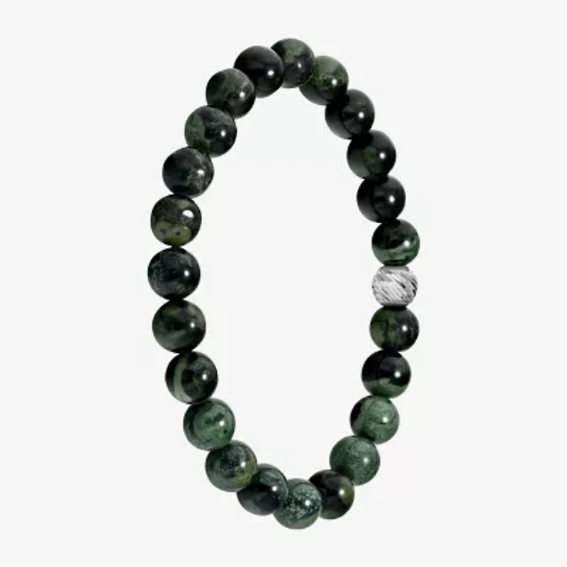 Mens Green Jasper Sterling Silver Beaded Bracelet