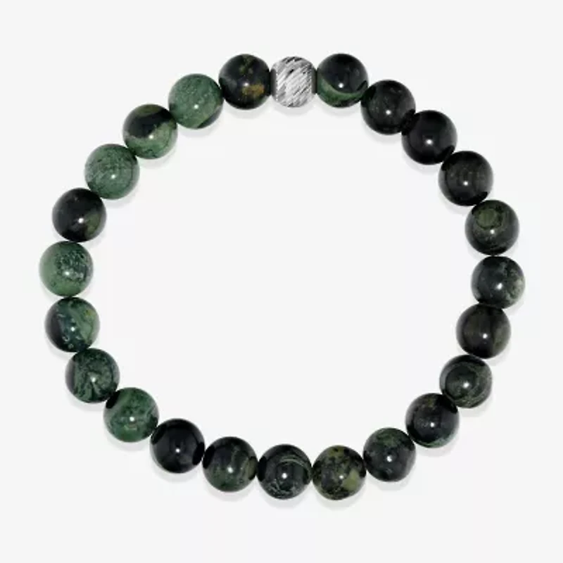 Mens Green Jasper Sterling Silver Beaded Bracelet
