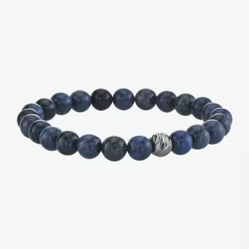 Mens Blue Agate Sterling Silver Beaded Bracelet