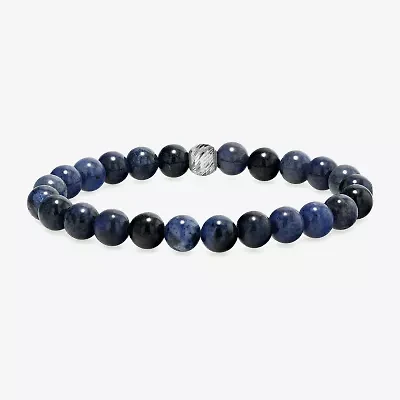 Mens Blue Agate Sterling Silver Beaded Bracelet