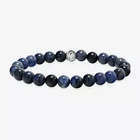 Mens Blue Agate Sterling Silver Beaded Bracelet