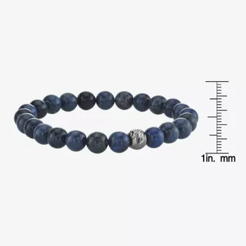 Mens Blue Agate Sterling Silver Beaded Bracelet