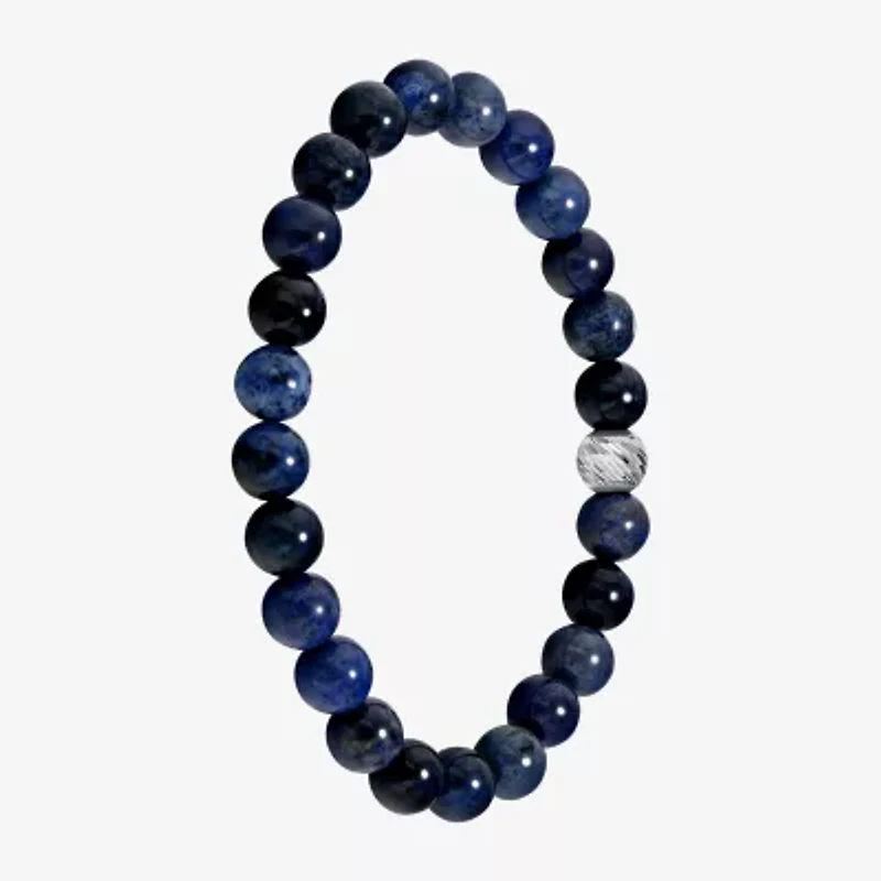 Mens Blue Agate Sterling Silver Beaded Bracelet