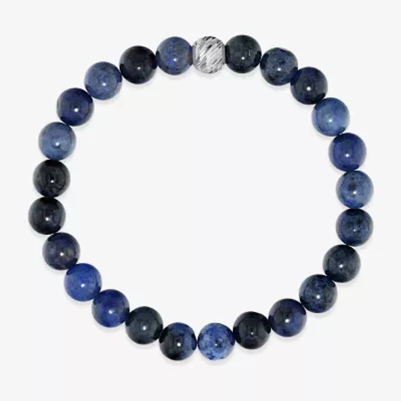 Mens Blue Agate Sterling Silver Beaded Bracelet
