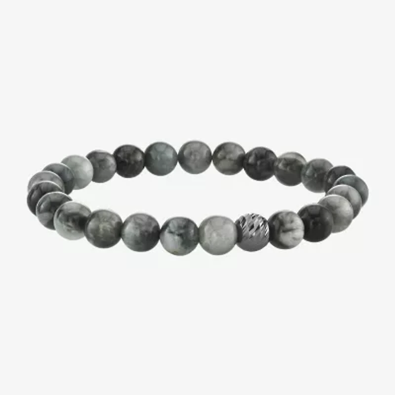 Mens Gray Agate Sterling Silver Beaded Bracelet
