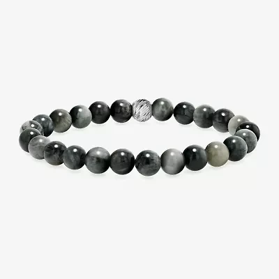 Mens Gray Agate Sterling Silver Beaded Bracelet