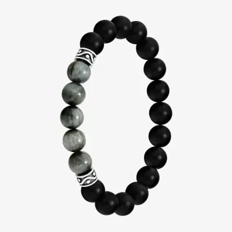 Mens Multi Color Agate Sterling Silver Beaded Bracelet