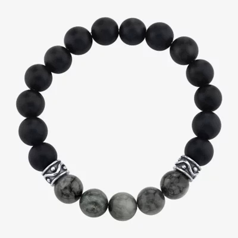 Mens Multi Color Agate Sterling Silver Beaded Bracelet