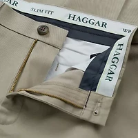 Haggar Wrinkle Free Performance Khaki Mens Comfort Waistband Slim Fit Flat Front Pant